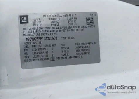 2016 Chevrolet Express 2500 Work Van z USA, uszkodzony, nr VIN 1GCWGBFF1G1226680